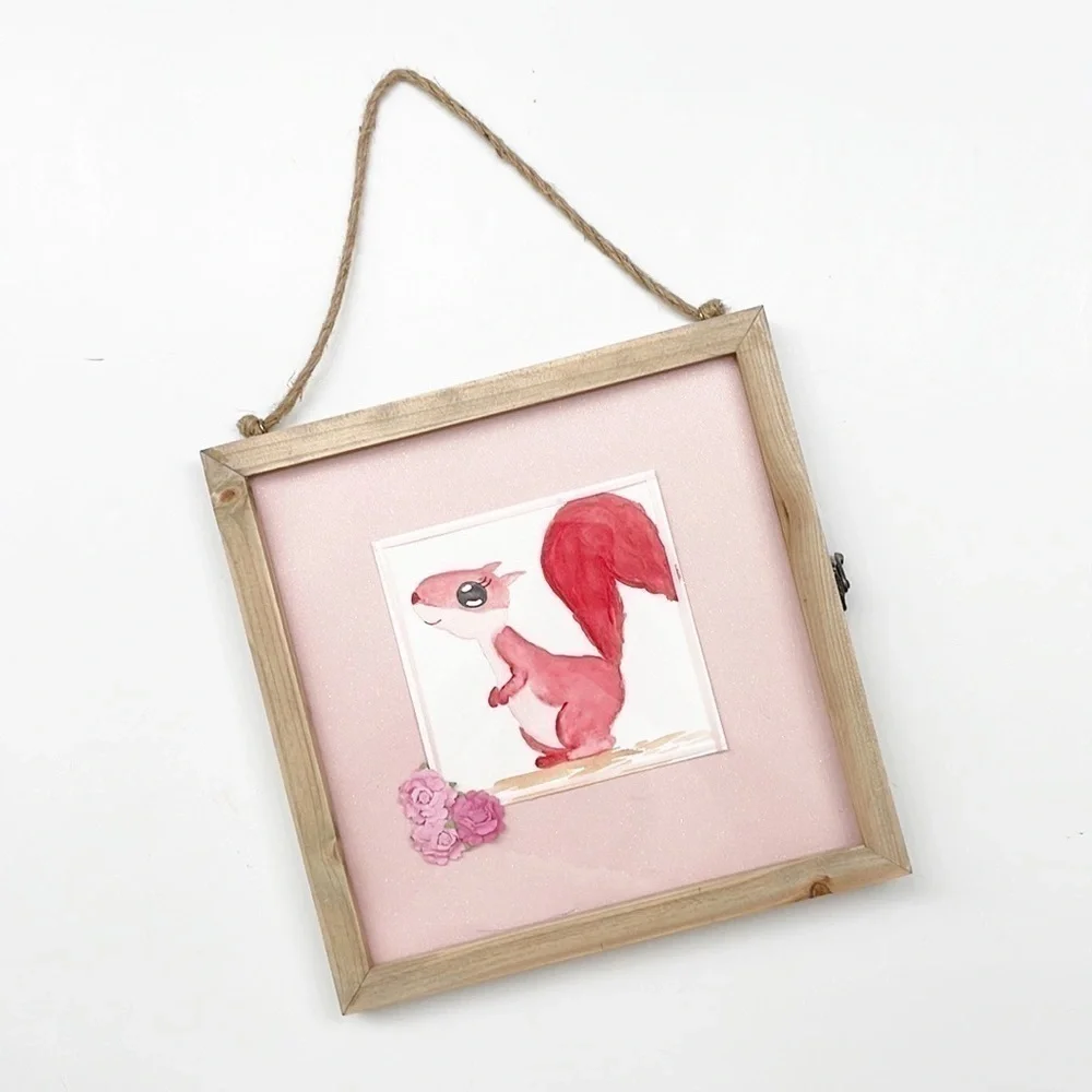 Watercolor squirrel glass/wooden shadowbox nursery wall decor